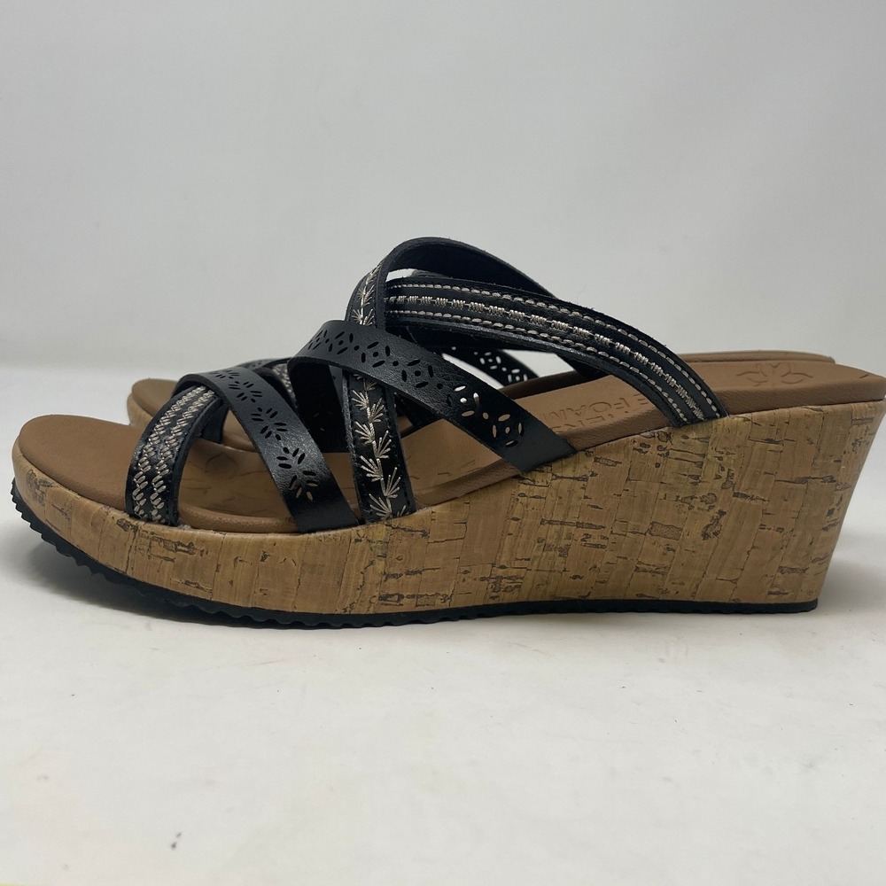 Skechers Cali Womens 9 Black Luxe Foam Wedge Sandals 31714 Strappy Cork Heel - Picture 2 of 8
